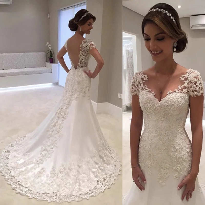 Backless Lace Mermaid Wedding Dress 2020 Short Sleeve Wedding Gown Bride Dress