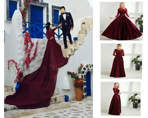 G92 (11), Dark Wine Satin Prewedding Shoot  trail Gown, Size (XS-30 to XXXL-46)