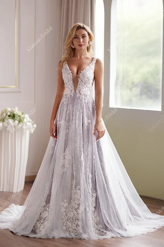 Lavender Plunging-V Beaded Lace Wedding Dress