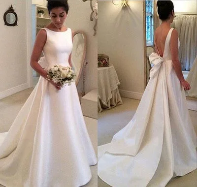 Satin Backless with Bowknot Wedding Dresses Elegant Vintage Women Wedding Gown