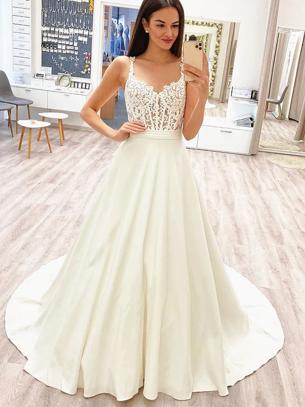 V Neck White Lace Wedding Dresses with Train, V Neck White Lace Prom Formal Evening Dresses