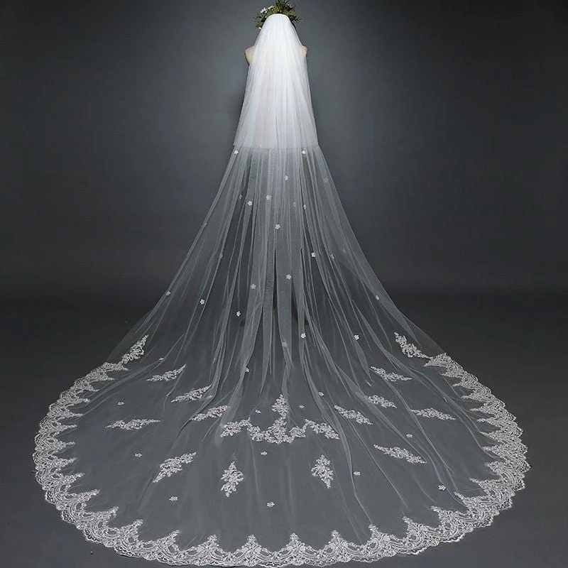 Women Good Quality Sweep Length Train Flower Lace Wedding Veil