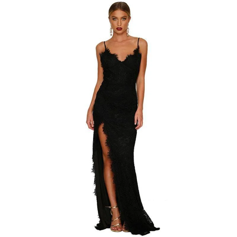 Women V Neck Lace Backless Side-slit Wedding Party Slip Dress