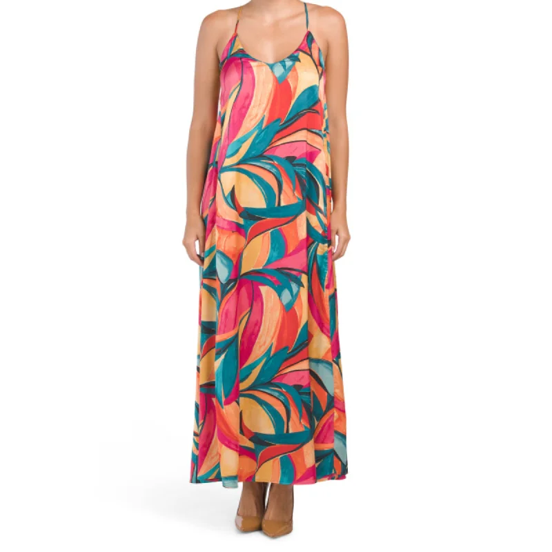 Nicole Miller Abstract Floral Print Slip on Satin Maxi Dress