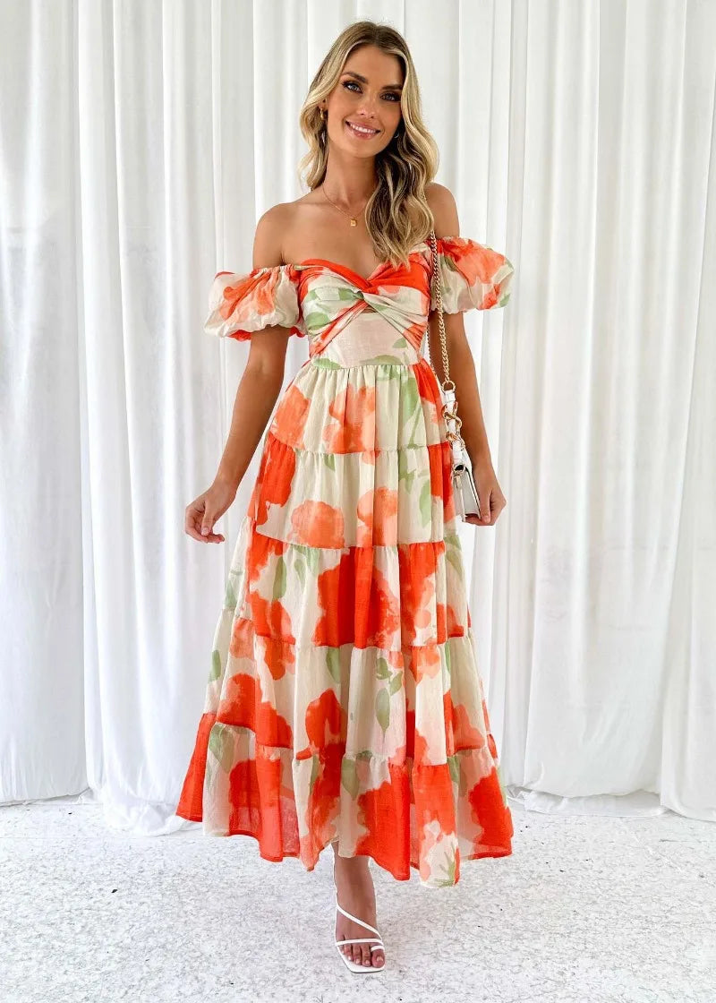 Puff Sleeve Off Shoulder Maxi Dresses