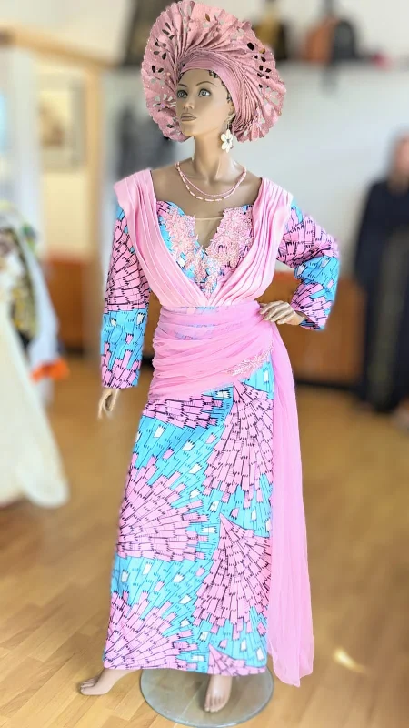 Zarra Baby-Pink and Sky-Blue African Print Ankara Maxi Dress-DPXBPSB1