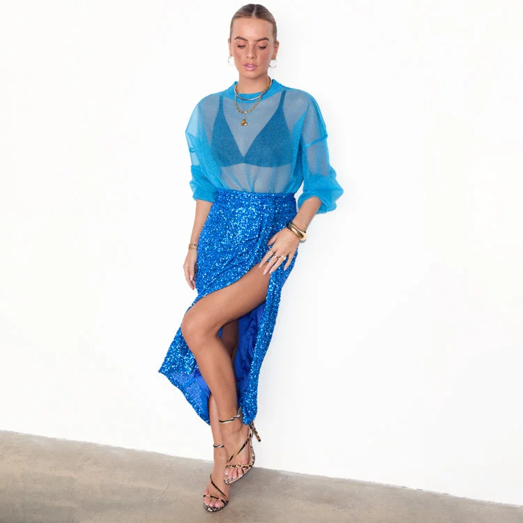 Blue Sequin Jaspre Wrap Skirt