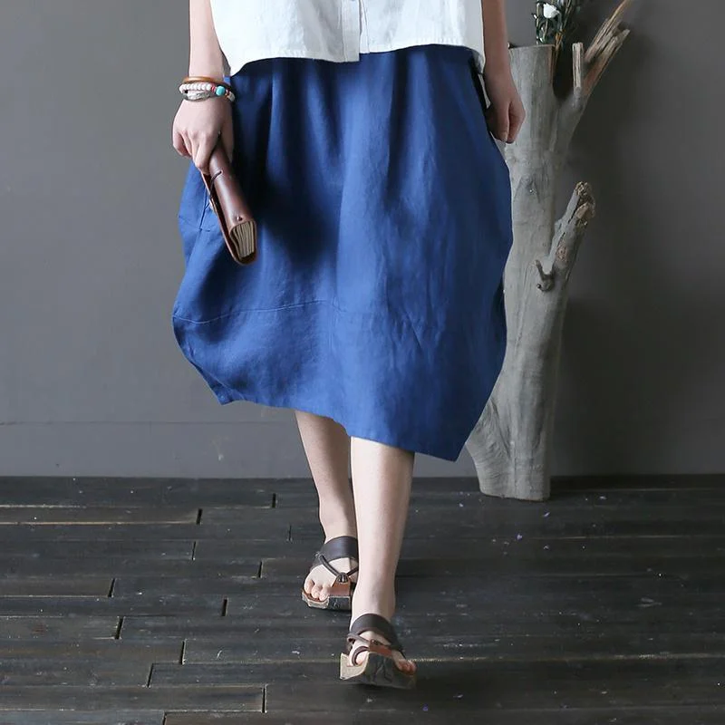 new dark blue linen cirlce skirts oversize elastic waist casual skirts