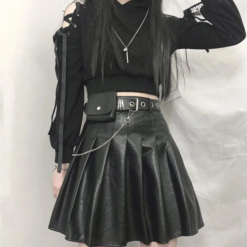 Women's Gothic Faux Leather Pleated Skirts With Chain