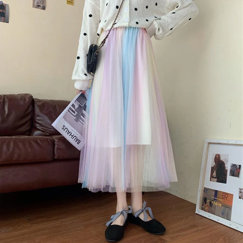 Women's Harajuku Rainbow-colored A-line Mesh Skirts