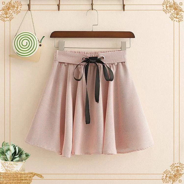 Women's Sweet Contrast Color Bowknot Lace-up Plaid Skirts