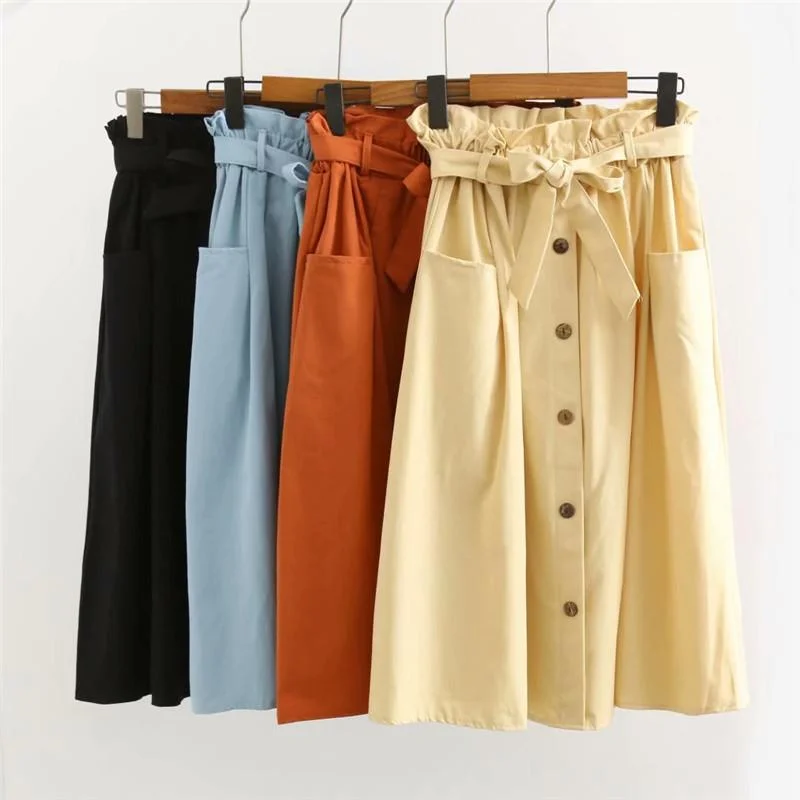 Women's Vintage Single-breasted A-line Skirts With Bowknot Belt