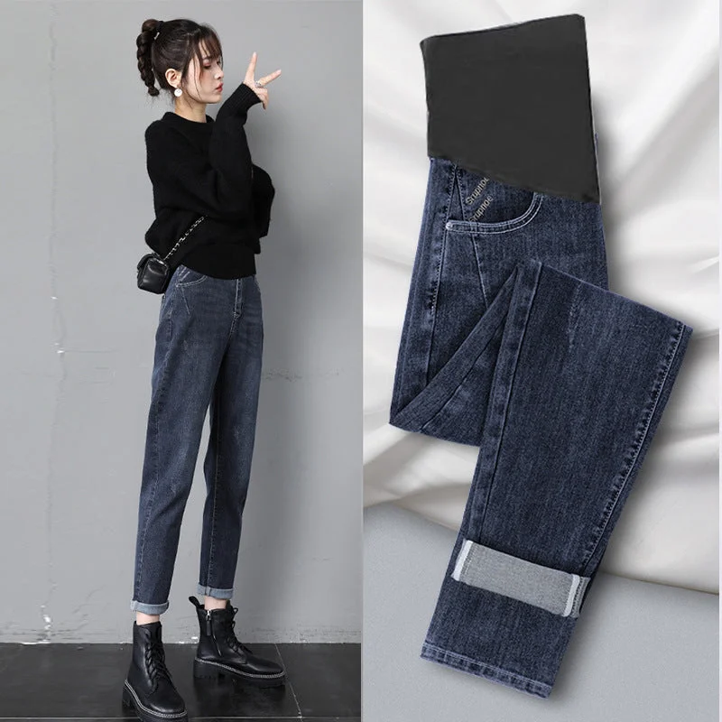 NiDELL Maternity Jeans . Spring and Autumn Autumn and Winter Stretch Fleece Daddy Pants Outerwear Autumn Wear High Waist Belly Support Maternity Pants