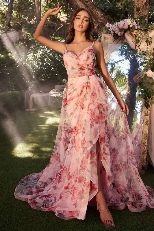 Andrea & Leo A1290 Pleated Floral Print Long Formal Prom Dress