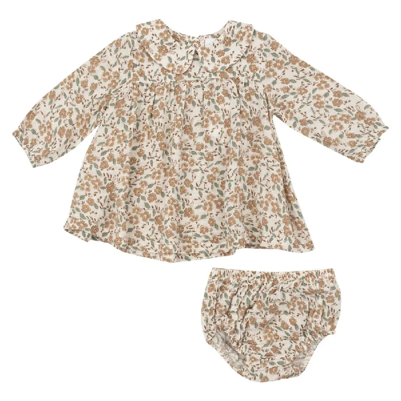 Muslin Peter Pan Collar Dress and Diaper Cover - Bitty Brown Floral