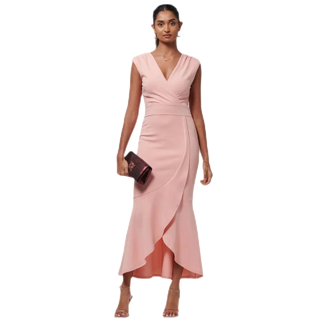 Jolie Moi Elegant Coral Pink Sleeveless Dress with V-Neck Wrap Top & Asymmetrical Frill Hemline