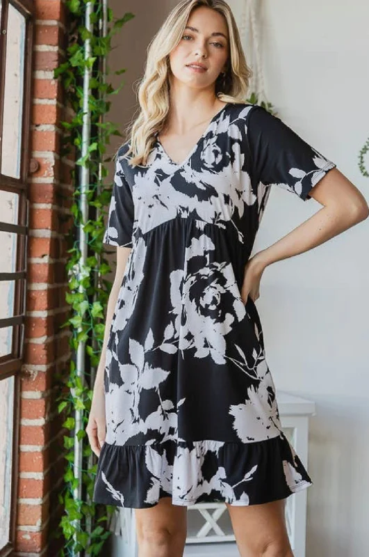 Dress - Floral Pattern, Black/white