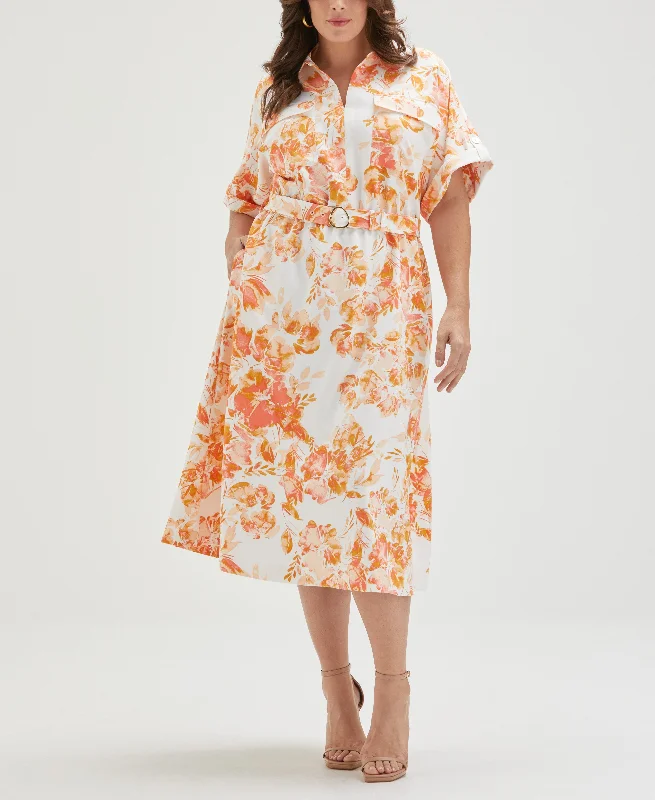 Plus Size Floral Print Utility Shirt Dress