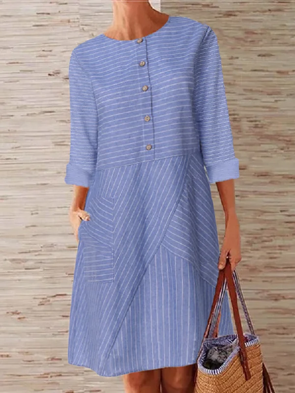 Women Striped Printed Buttoned Down Pockets Dress