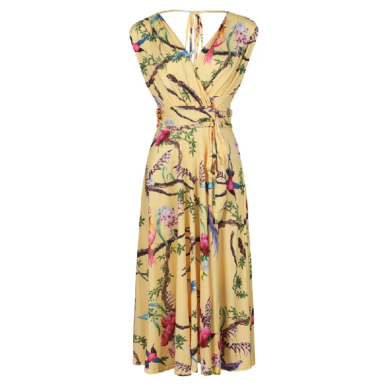 Yellow Tropical Bird Print V Neck Crossover Top Empire Waist Swing Dress