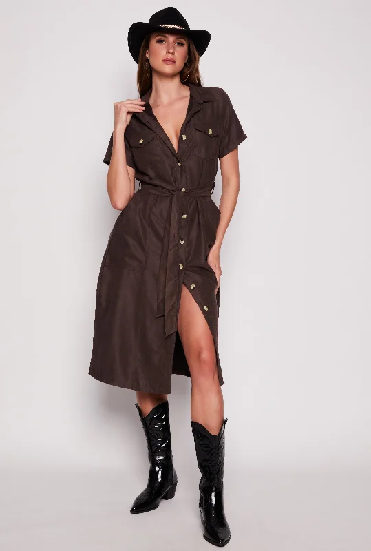 Tie Waist Belted Button Down Shirt Dress