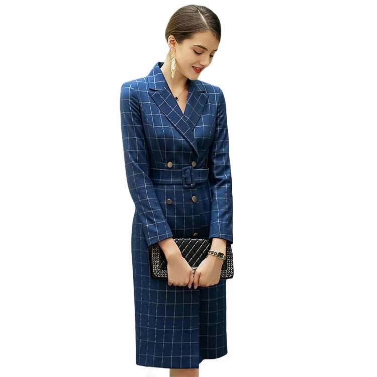 Elegant Navy Blue Pinstripes Double Breasted Shirt Dress