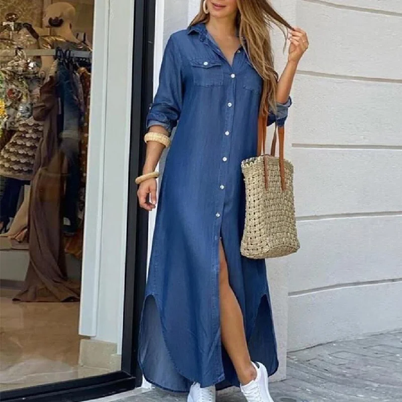 Amy Fashion - Long Sleeve Shirt Denim Long Dress