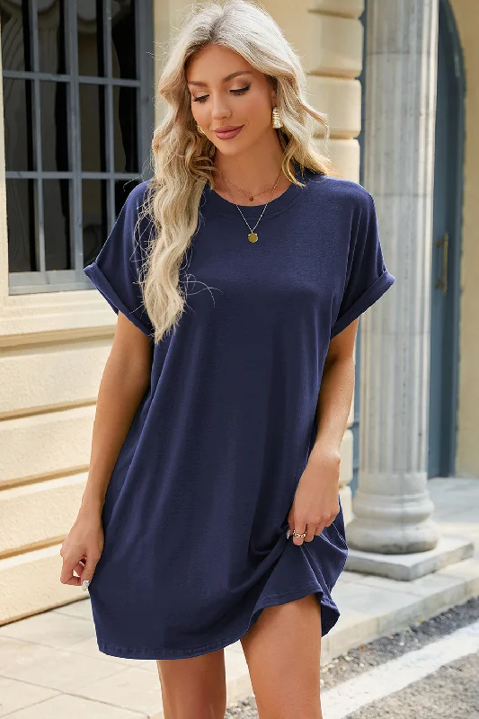 Round Neck Rolled Short Sleeve T Shirt Dress