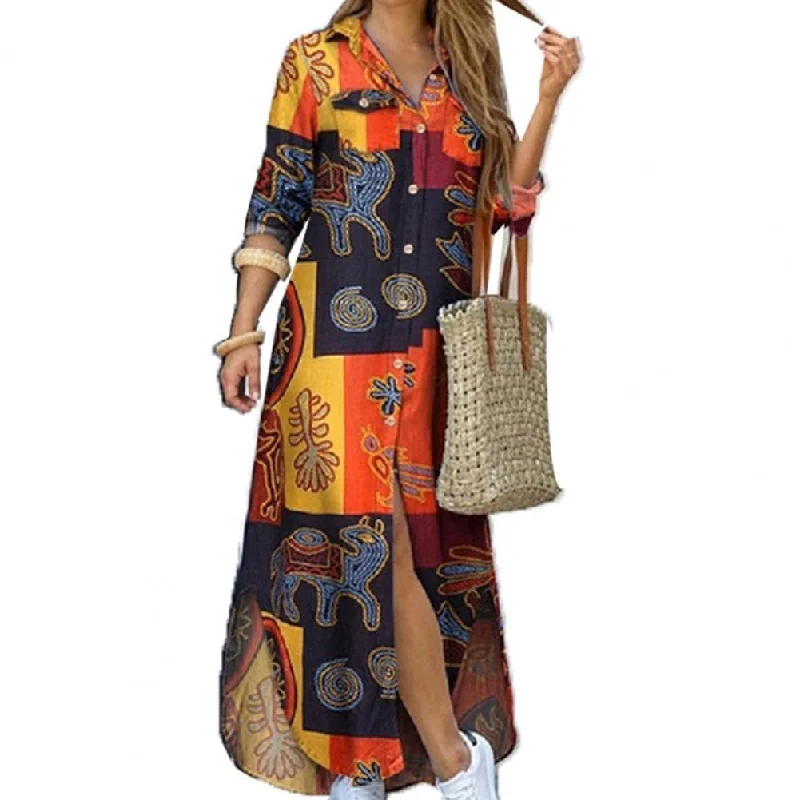 Amy Fashion - Single-breasted Long Sleeve Printed Loose Shirt Dress