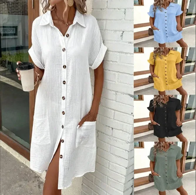 Summer Short Sleeve Solid Color Shirt Single-Breasted Mid-Length Loose Dress