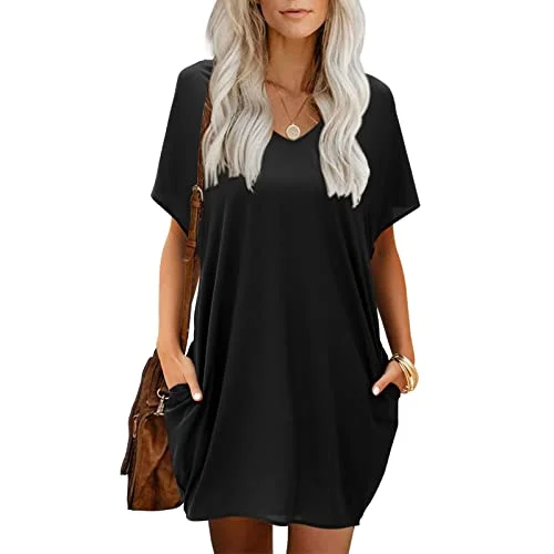 T Shirts Dresses for Women, Women Casual Dress Soild Color V Neck Dress Summer Short Sleeve Dress Pocket Dress (#01-Black, L) | Original Brand