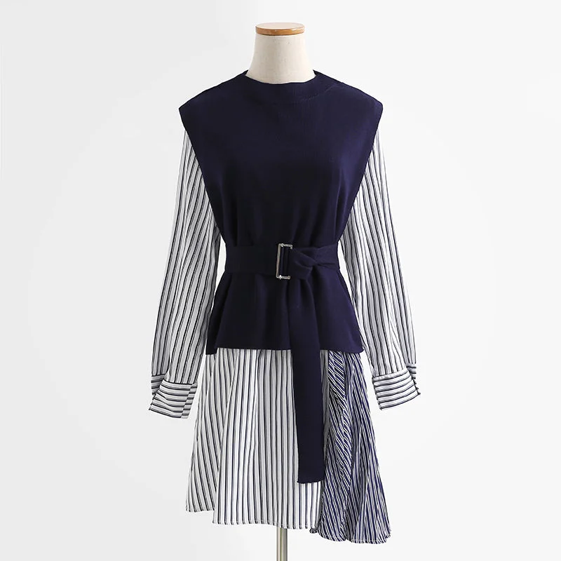 Temperament striped shirt knitted vest two-piece suit dress  2278