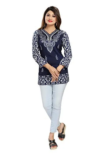 Women Printed Faux Crepe Ladies Short Kurti Tunic Top 3/4 Sleeves Shirt Dress MI518