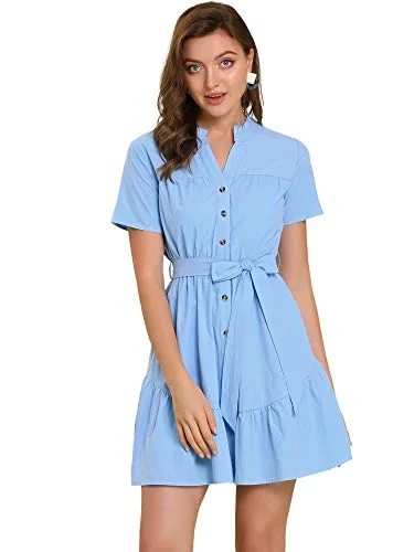 Women's Cotton Button Down Shirt Dress Ruffle Collar Neck Belted Hem Short Sleeve Casual Above Knee Shirtdress