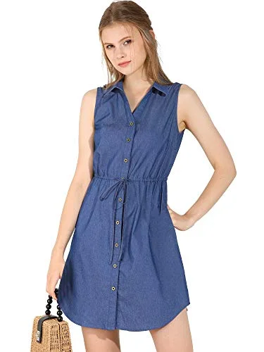 Women's Denim Collar Button Down Tie Jean Shirt Dress | Original Brand