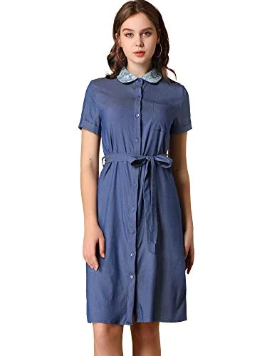 Women's Denim Pan Collar Short Sleeve Belted Shirt Dress