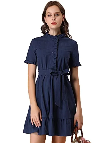 Women's Fit and Flare Shirtdress Ruffled Button Front Dress