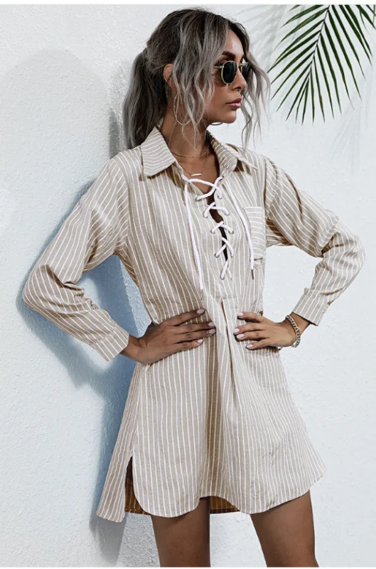 Women's Lapel Lapel Striped Mid-Long Shirt