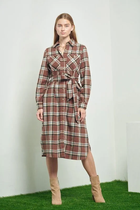 Plaid Print Collar Long Shirt Dress