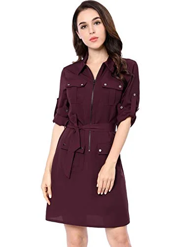 Women's Roll Up Sleeves Multi-Pocket Safari Belted Collared Shirt Dress | Original Brand