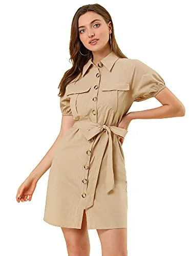 Women's Safari Dresses Summer Cotton Short Sleeve Belted Button Down Shirtdress