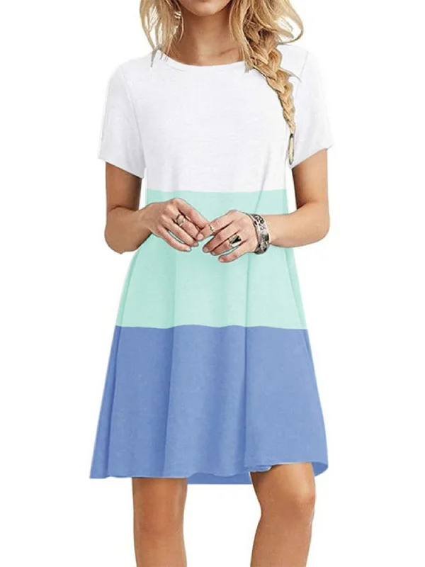 Women's Short Sleeve Crew Neck Swing Dress Color Block Summer Loose Casual A-line T-Shirt Dress