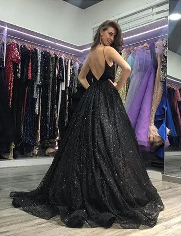 Amazing Glitter Sexy Black Prom Dress sequins Long Formal Gown with Spaghetti Straps PL10925