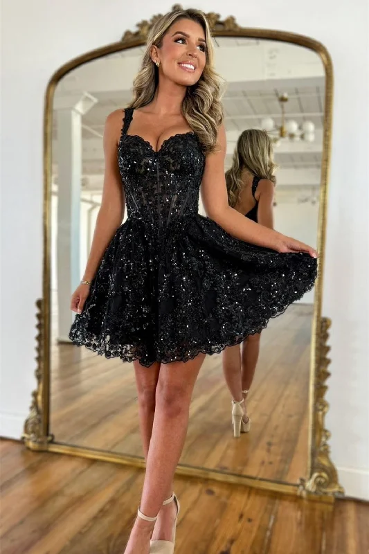 Gorgeous Black A-Line Straps Short Homecoming Dress with Sequin