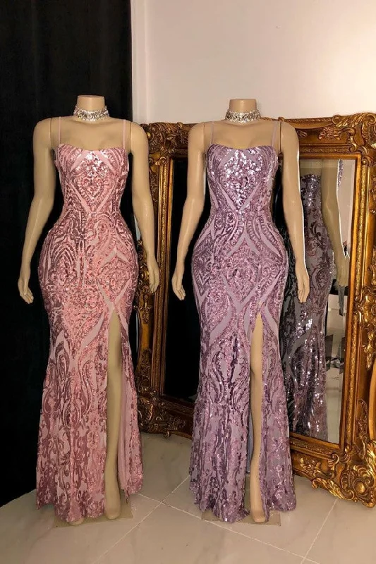 Gorgeous Spaghetti Straps Front Slit Sequins Mermaid Prom Dresses