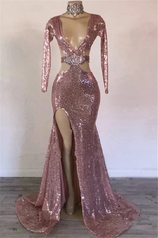 Mermaid Gorgeous Sequins V-Neck Long-Sleeves Side-Slit Prom Dresses