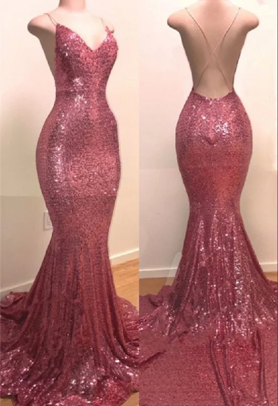 Sequins V-neck Sleeveless Spaghetti Backless Prom Dresses