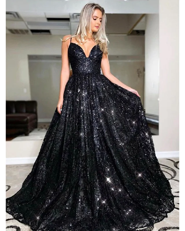 Sexy Backless Spaghetti Straps Black Sequin Long Prom Dress PL2225