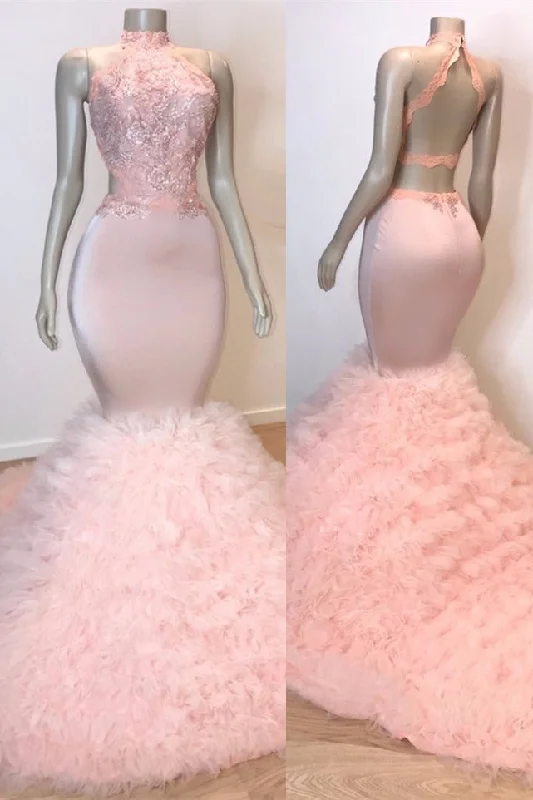 Sexy Chiffon High Collar Mermaid Prom Dress Sequins Pink Long