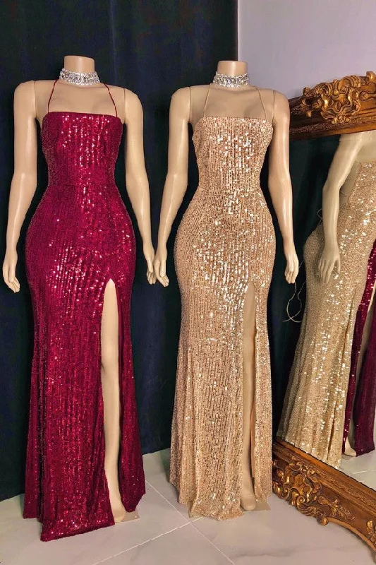 Spaghetti-straps Criss-cross Long Slit Sequins Mermaid Prom Dresses